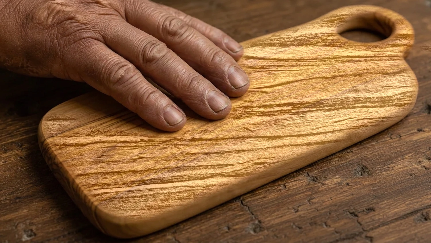 Close-up of the olive wood grain and its rounded hanging hole