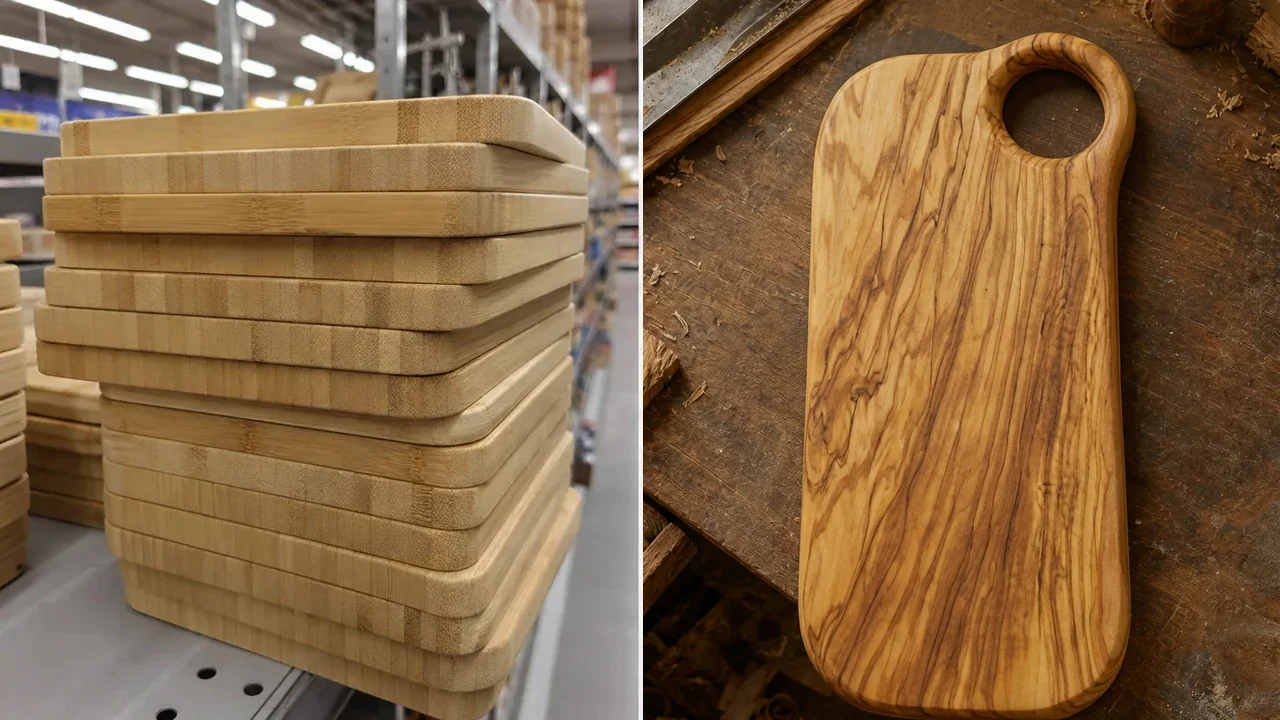 Mass-produced boards on a store shelf beside an olive wood board